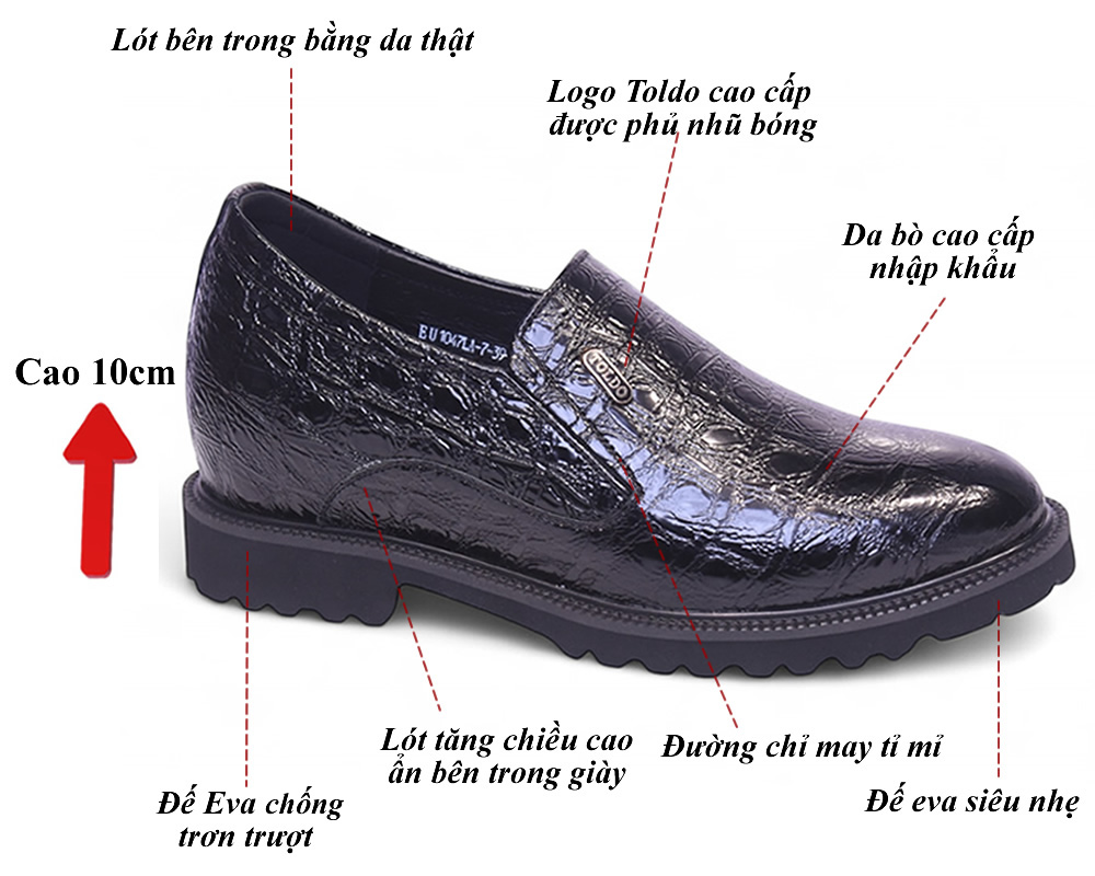Giày cao nam 10cm da bóng vân cá sấu 8