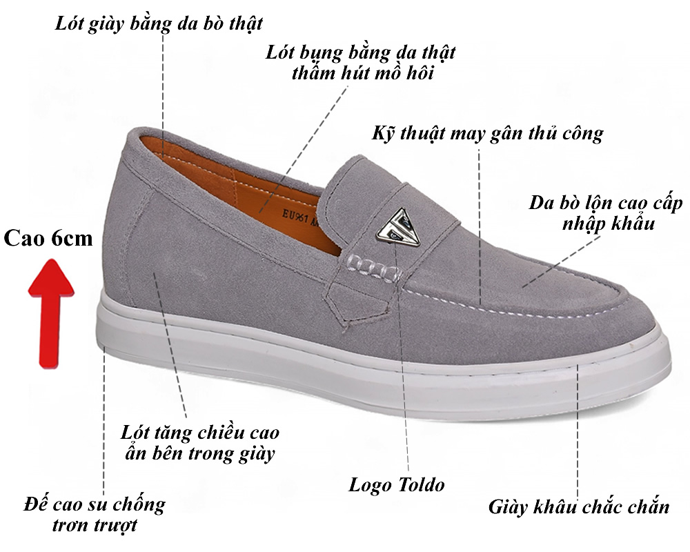 Giày cao 6cm da lộn màu xám