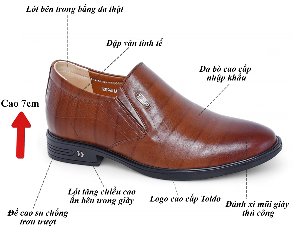 Giày cao 7cm cho nam da sần nâu