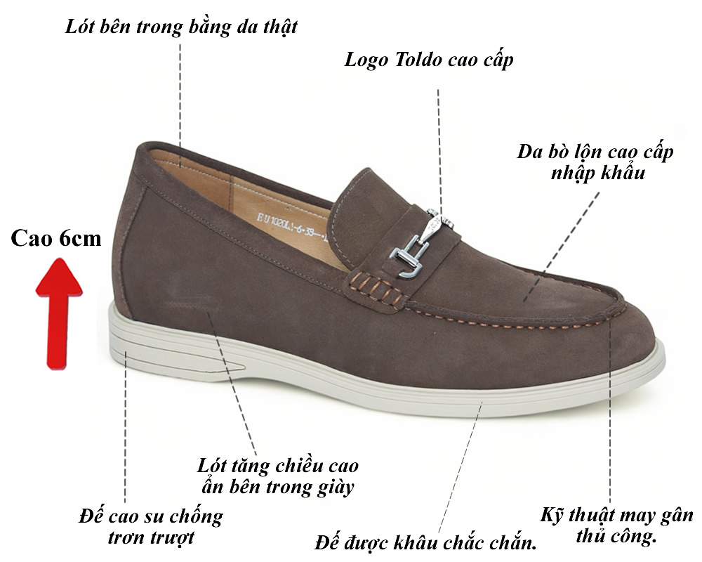 Giày da lộn nam tăng 7cm đế khâu