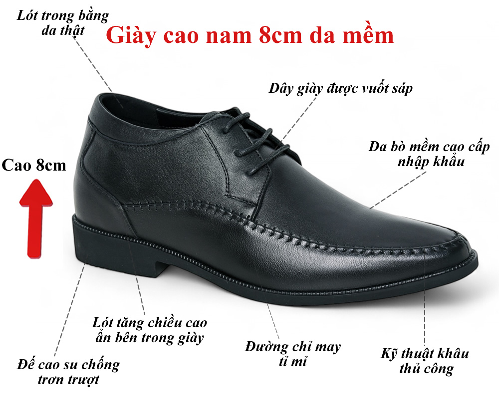 Giày khâu tăng 8cm chiều cao da mềm