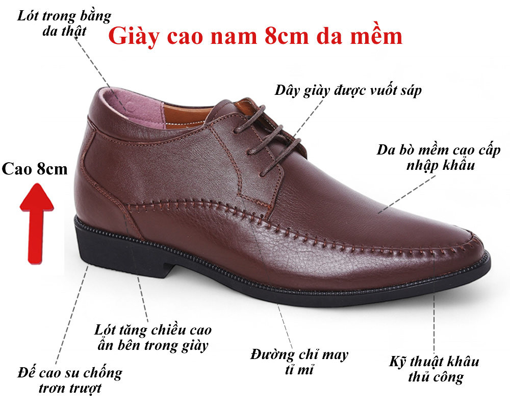 Giày khâu nam giúp tăng 8cm chiều cao