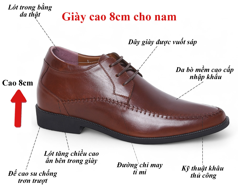 Giày khâu tăng 8cm cho nam da sáp