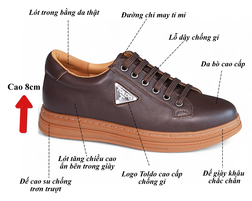 Giày cao 8cm thể thao nam màu nâu