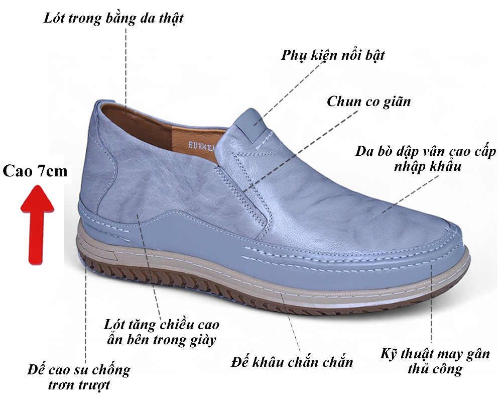 Giày cao nam 7cm đế khâu da thật