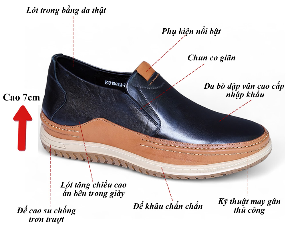 Giày cho nam tăng 7cm da thật