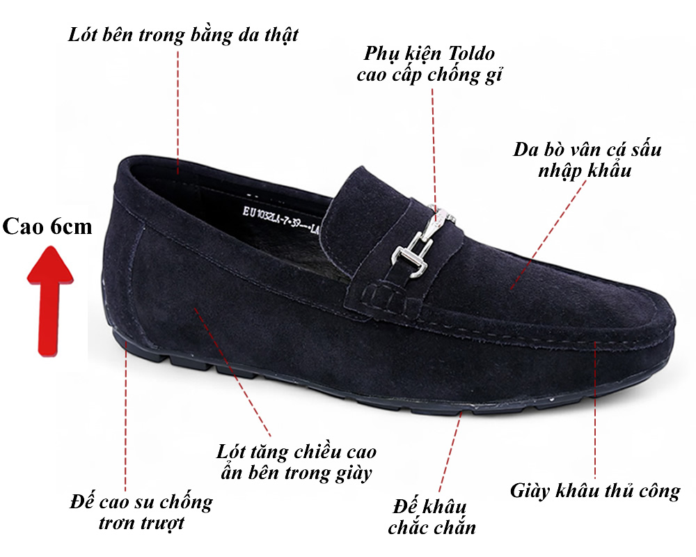 Giày mọi tăng chiều cao 6cm da lộn