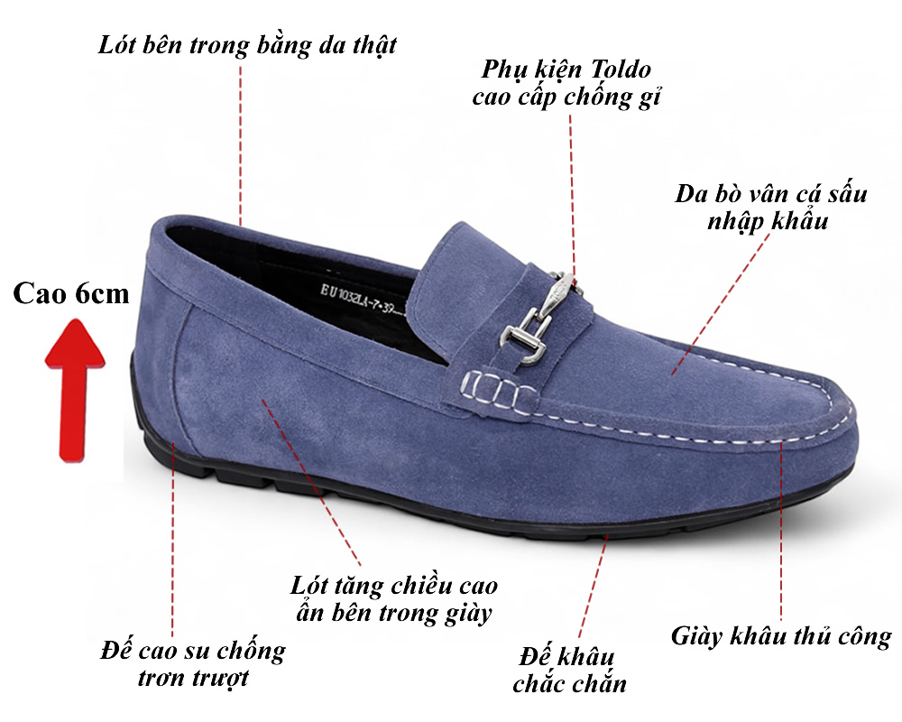 Giày mọi cao 6cm da lộn đế khâu