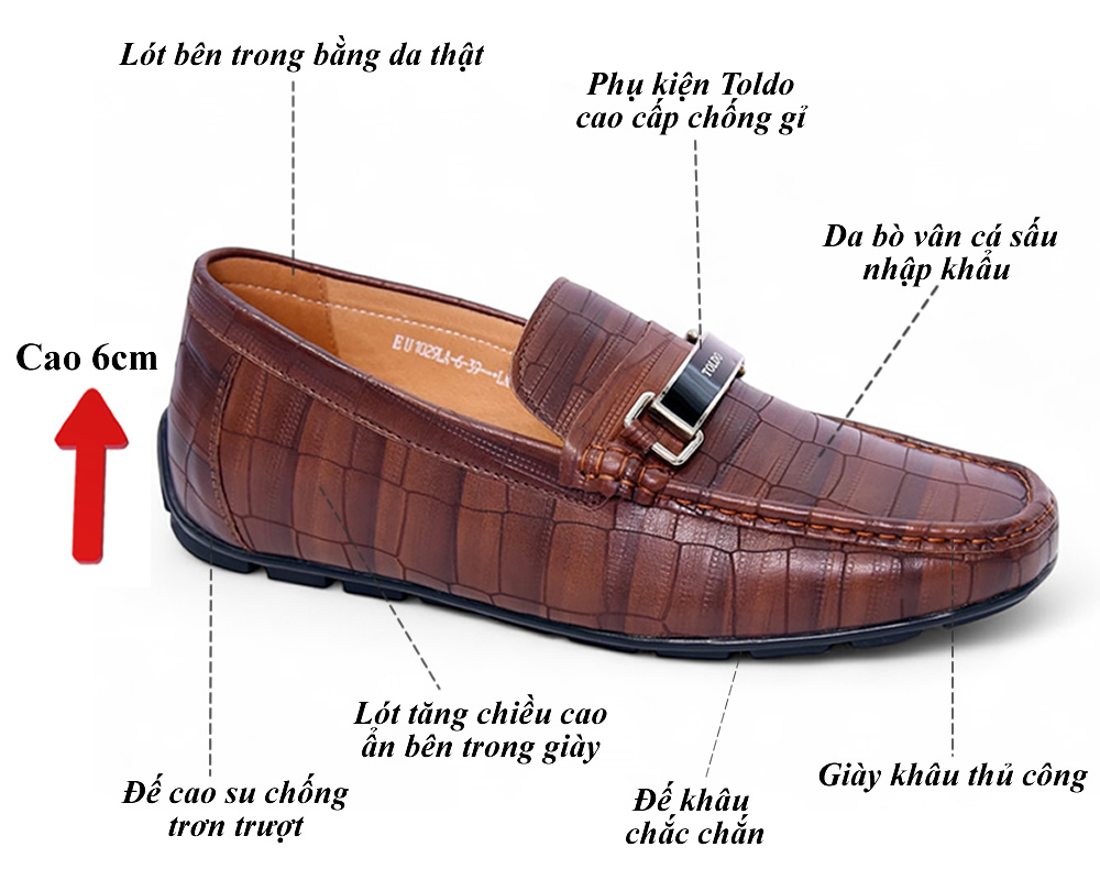 Giày mọi cao 6cm vân cá sấu da thật