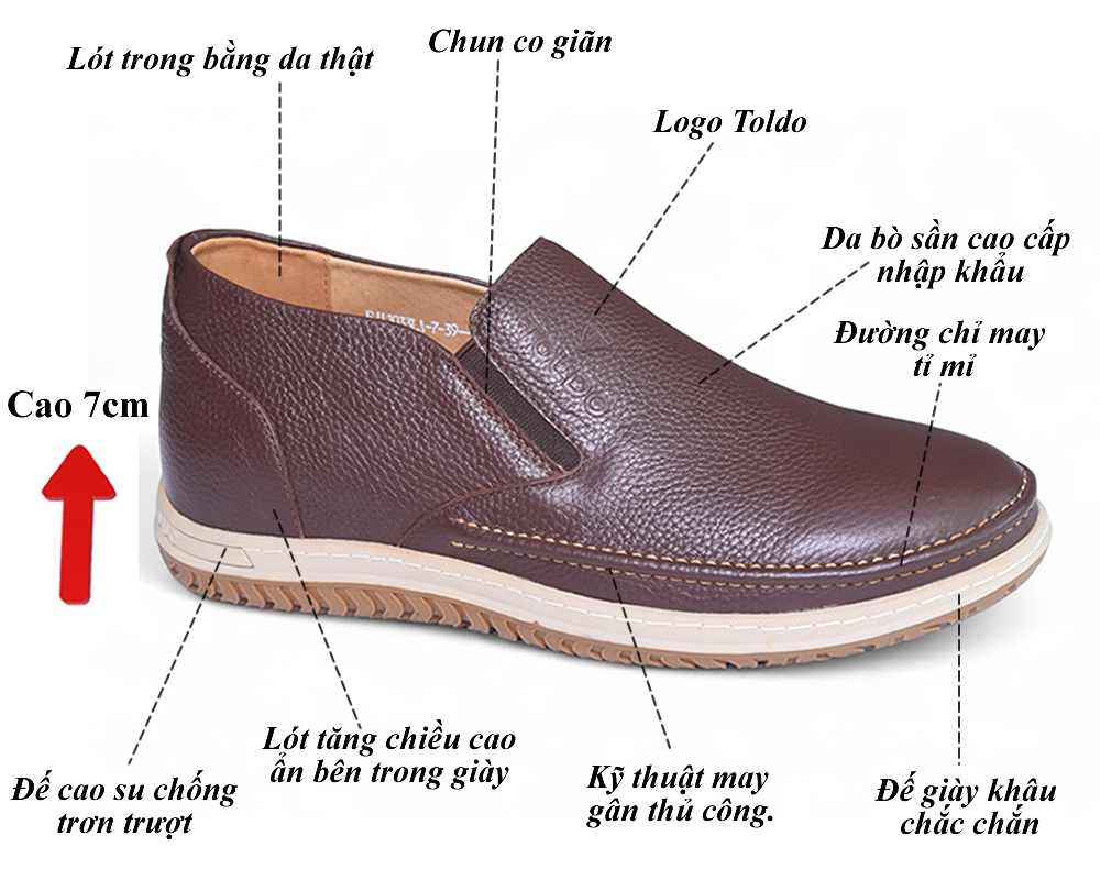 Giày nam cao 7cm da bò sần đế khâu