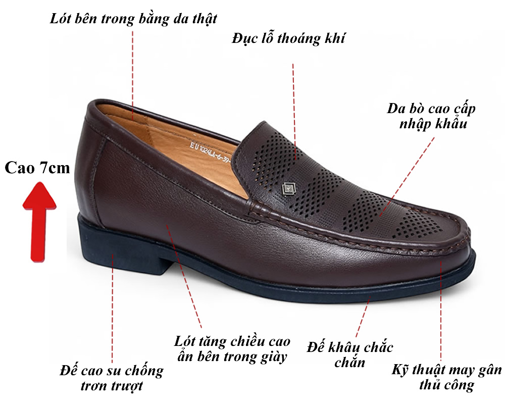 Giày cao nam 7cm thoáng khí đế khâu