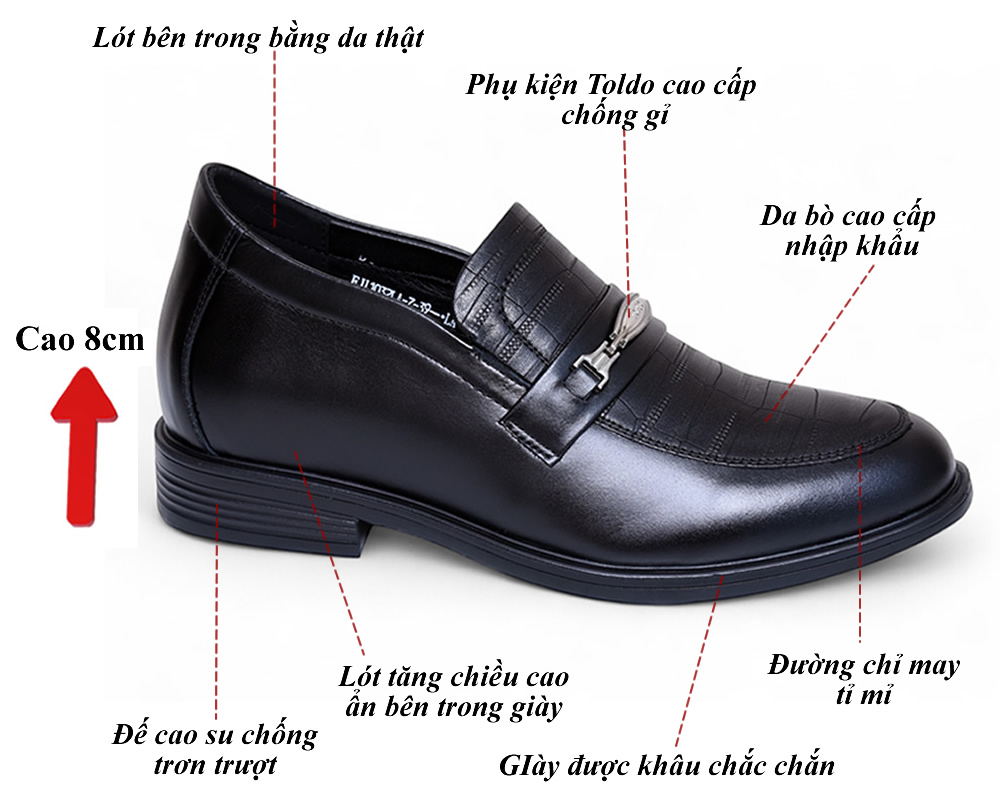 Giày lười tăng 8cm chiều cao đế khâu