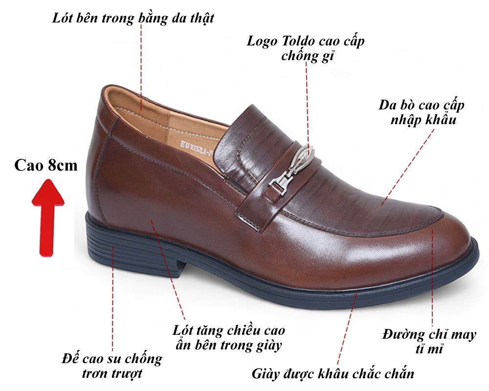 Giày lười cao 8cm da thật đế khâu