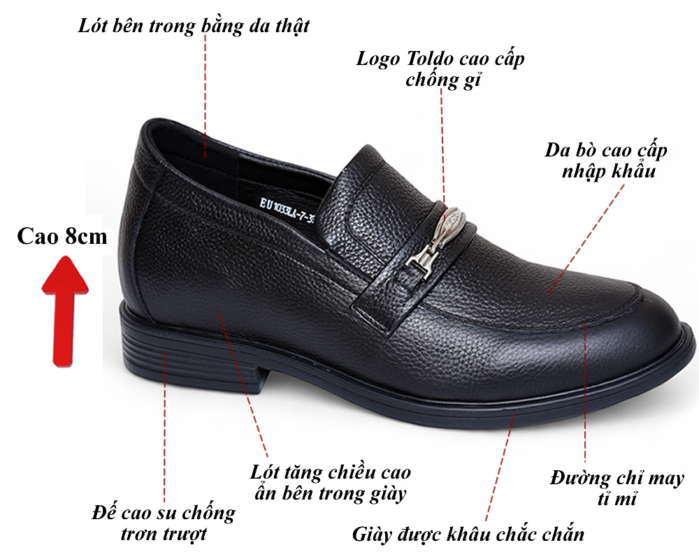 Giày cao nam 8cm da sần đế khâu